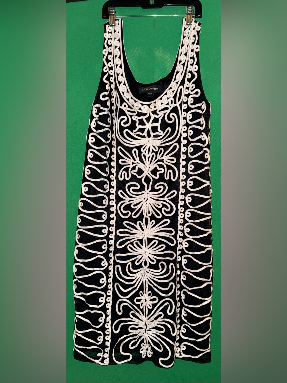T&W Designs Black & White Soutache Tapework Appliqué Sleeveless Dress - Size L
